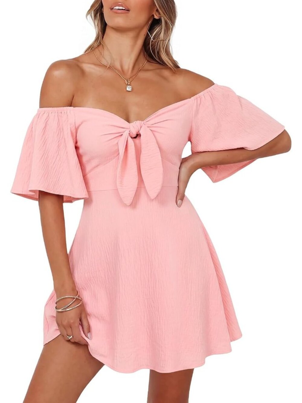 Women's Pink Summer Deep Short Sleeve V Neck Elegant Bow Tie Mini Party Dresses